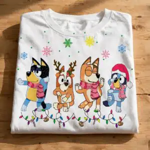 four cartoon dogs dancing christmas design with holiday accessories christmas four cartoon dogs dancing svg design printed on a plain product mockup
