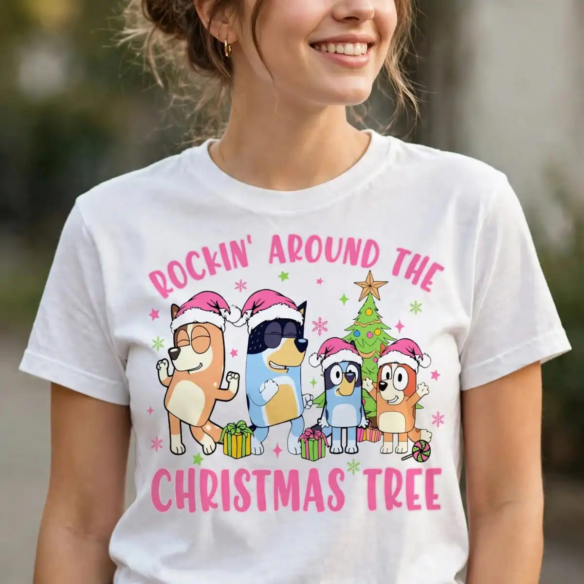 bluey rockin around the christmas tree dogs festive holiday christmas images christmas svg images design printed on a plain product mockup