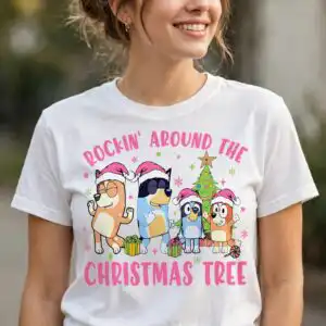 bluey rockin around the christmas tree dogs festive holiday christmas images christmas svg images design printed on a plain product mockup