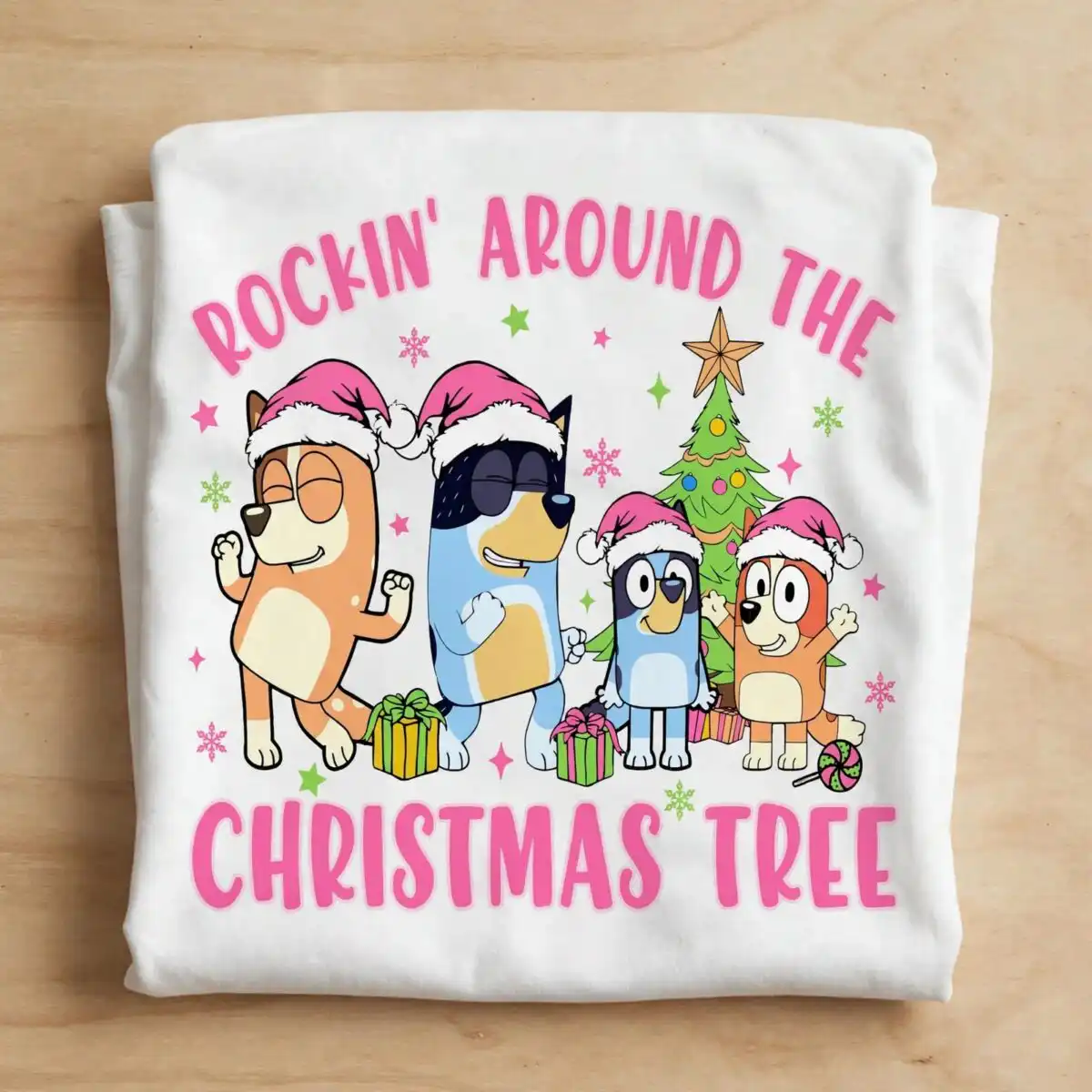 bluey rockin around the christmas tree dogs festive holiday christmas images christmas svg images design printed on a plain product mockup