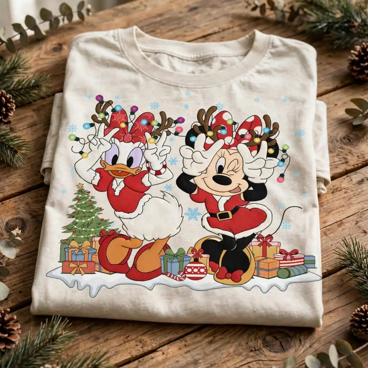 two cartoon girls in santa outfits tangled in lights - festive christmas design christmas two cartoon girls santa svg design printed on a plain product mockup