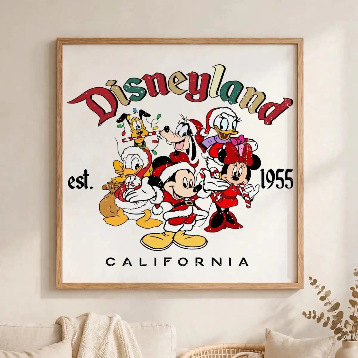 vintage disneyland christmas with six cartoon animals in santa coats christmas animals svg design printed on a plain product mockup