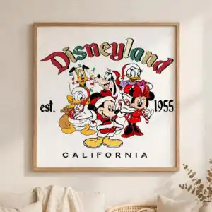 vintage disneyland christmas with six cartoon animals in santa coats christmas animals svg design printed on a plain product mockup