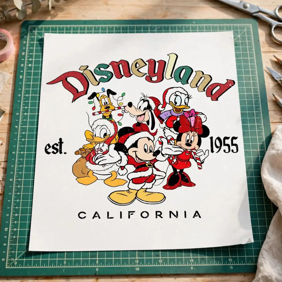 vintage disneyland christmas with six cartoon animals in santa coats christmas animals svg design printed on a plain product mockup