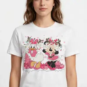 two cute cartoon animal girls pink christmas design for holiday shirts christmas two cartoon animal girls svg design printed on a plain product mockup