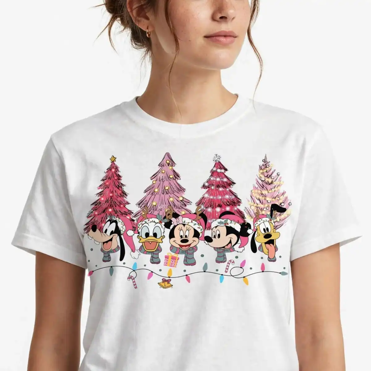 pink christmas five cartoon figures in winter hats with christmas trees christmas five cartoon figures winter svg design printed on a plain product mockup