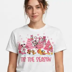 cute pink christmas group of cartoon animals with trees and gifts art christmas group cartoon animals pink svg design printed on a plain product mockup