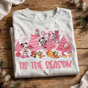 cute pink christmas group of cartoon animals with trees and gifts art christmas group cartoon animals pink svg design printed on a plain product mockup