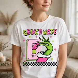 pink grinch mode on off toggle with hairy green hand design A green, hairy hand with long fingers pushing a pink and green switch on a light pink panel, with text and decorative element