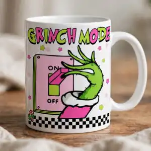 pink grinch mode on off toggle with hairy green hand design A green, hairy hand with long fingers pushing a pink and green switch on a light pink panel, with text and decorative element