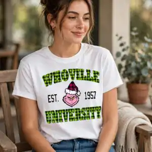 A university-style badge with a grumpy character wearing a Santa hat. design printed on a plain product mockup