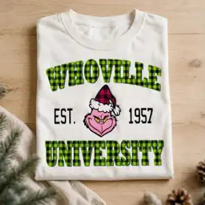 A university-style badge with a grumpy character wearing a Santa hat. design printed on a plain product mockup
