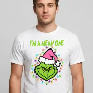 A green character's face wearing a pink Santa hat, surrounded by Christmas lights. design printed on a plain product mockup
