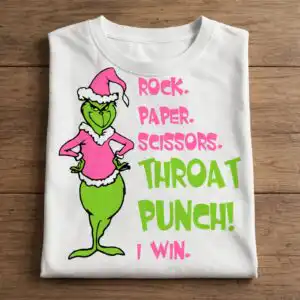 pink grinch rock paper scissors throat punch character bundle A green, grumpy character wearing a pink Santa hat and shirt, standing next to a playful quote. design printed on a plain pro