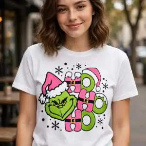 ho ho ho grinch christmas design for t-shirts and mugs a green furry character with a pink Santa hat and the word HO HO HO design printed on a plain product mockup