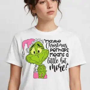 green character in a pink Santa hat with a quote design printed on a plain product mockup