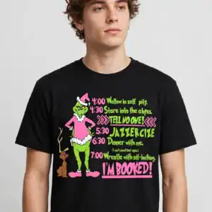 a green furry character in a pink outfit with a brown dog-like creature and a list of activities design printed on a plain pr