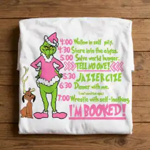 a green furry character in a pink outfit with a brown dog-like creature and a list of activities design printed on a plain pr