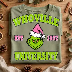 pink grinch whoville est university christmas svg for crafters a green creature wearing a pink Santa hat with text around it design printed on a plain product mockup