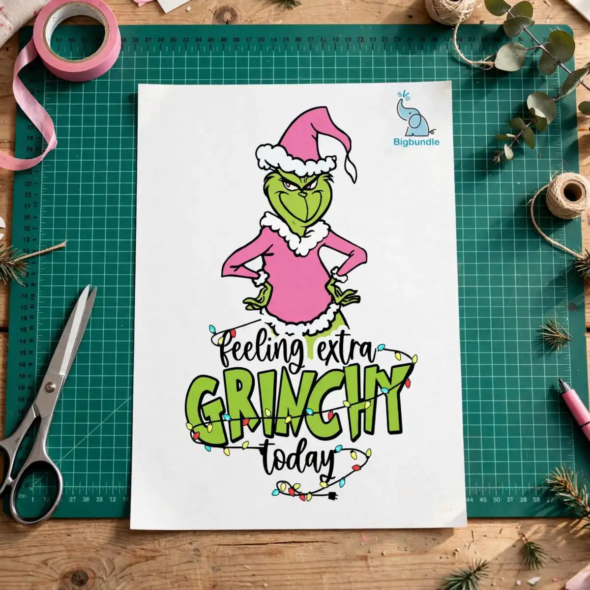 feeling extra grinchy today grinch svg - pink grinchmas design A green character with a pink Santa hat and outfit, surrounded by Christmas lights and text. design printed on a plain produc