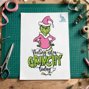 feeling extra grinchy today grinch svg - pink grinchmas design A green character with a pink Santa hat and outfit, surrounded by Christmas lights and text. design printed on a plain produc