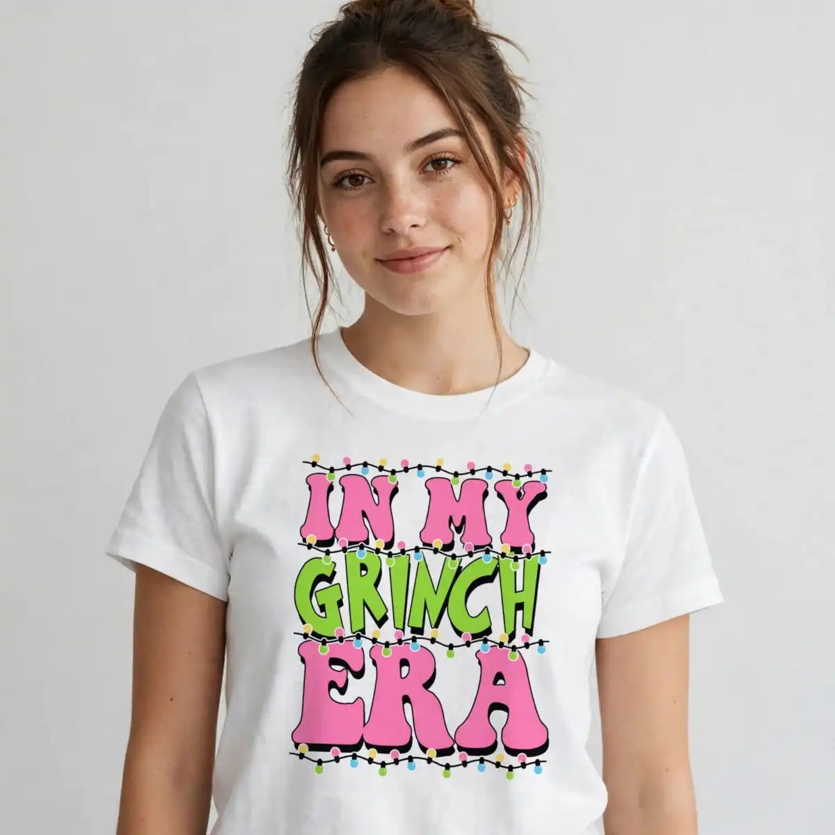 in my grinch era svg with christmas lights quote design text with Christmas lights design printed on a plain product mockup