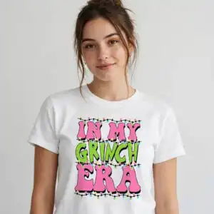in my grinch era svg with christmas lights quote design text with Christmas lights design printed on a plain product mockup