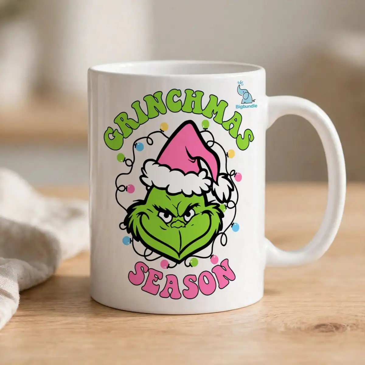 pink grinch bundle grinchmas season svg for christmas crafts A green, furry, grumpy face wearing a pink Santa hat, surrounded by Christmas lights and text. design printed on a plain prod