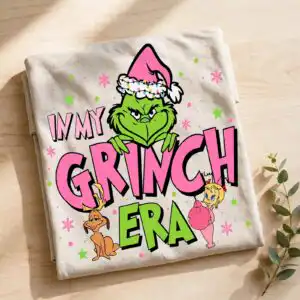 festive grinch clip art for christmas crafts A green monster wearing a pink Santa hat, with a dog and a girl, surrounded by text and small decorative elements. design pri