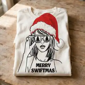 merry swiftmas christmas santa hat woman with sunglasses design christmas santa hat png design printed on a plain product mockup