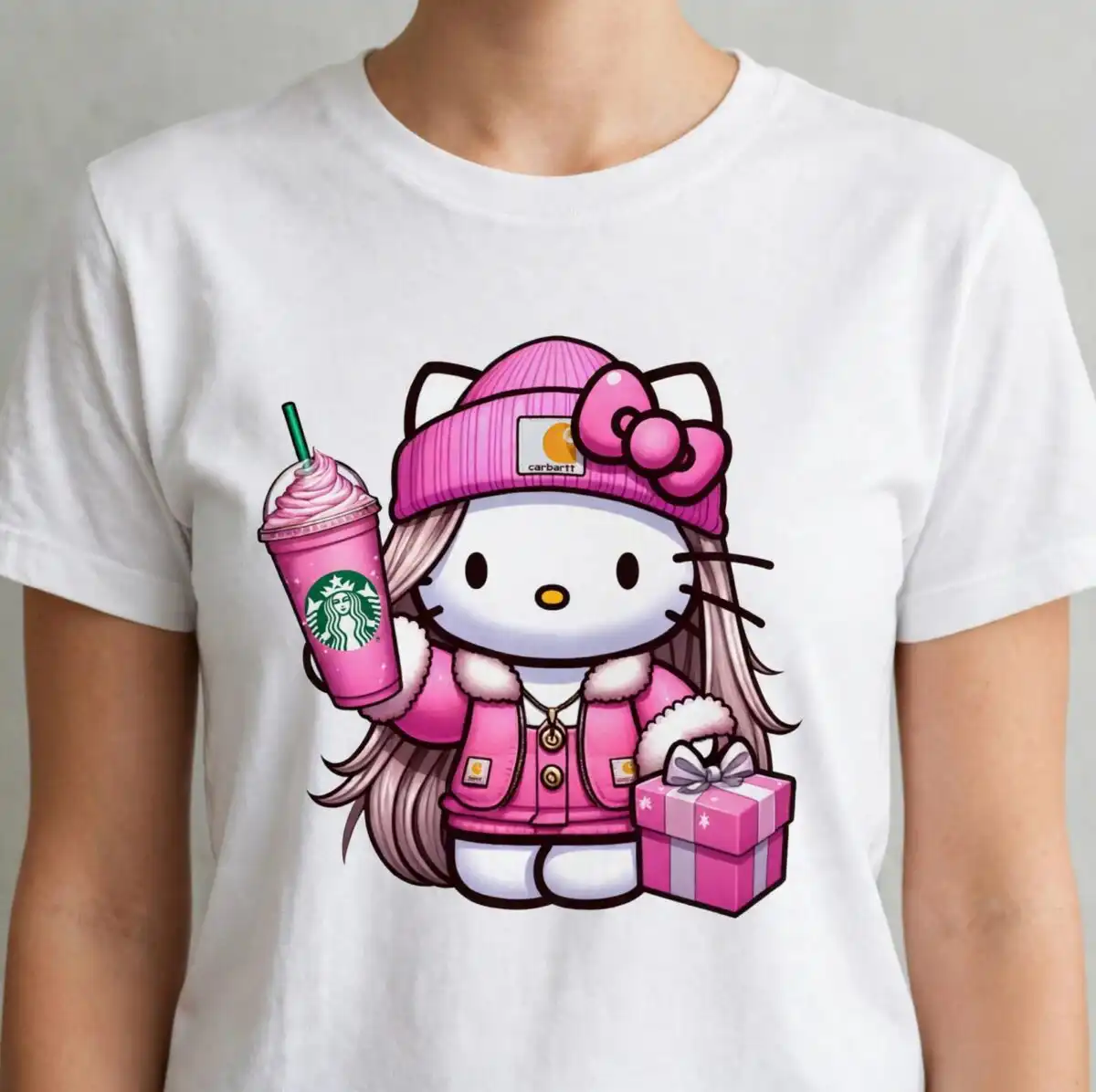 boujiee pink png: 16 pink winter cat figures in christmas outfits, ready for sublimation boujiee pink png design printed on a plain product mockup