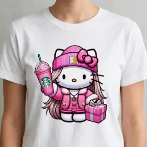 boujiee pink png: 16 pink winter cat figures in christmas outfits, ready for sublimation boujiee pink png design printed on a plain product mockup