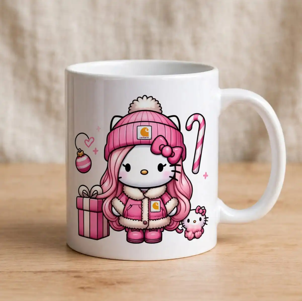 boujiee pink png: 16 pink winter cat figures in christmas outfits, ready for sublimation boujiee pink png design printed on a plain product mockup