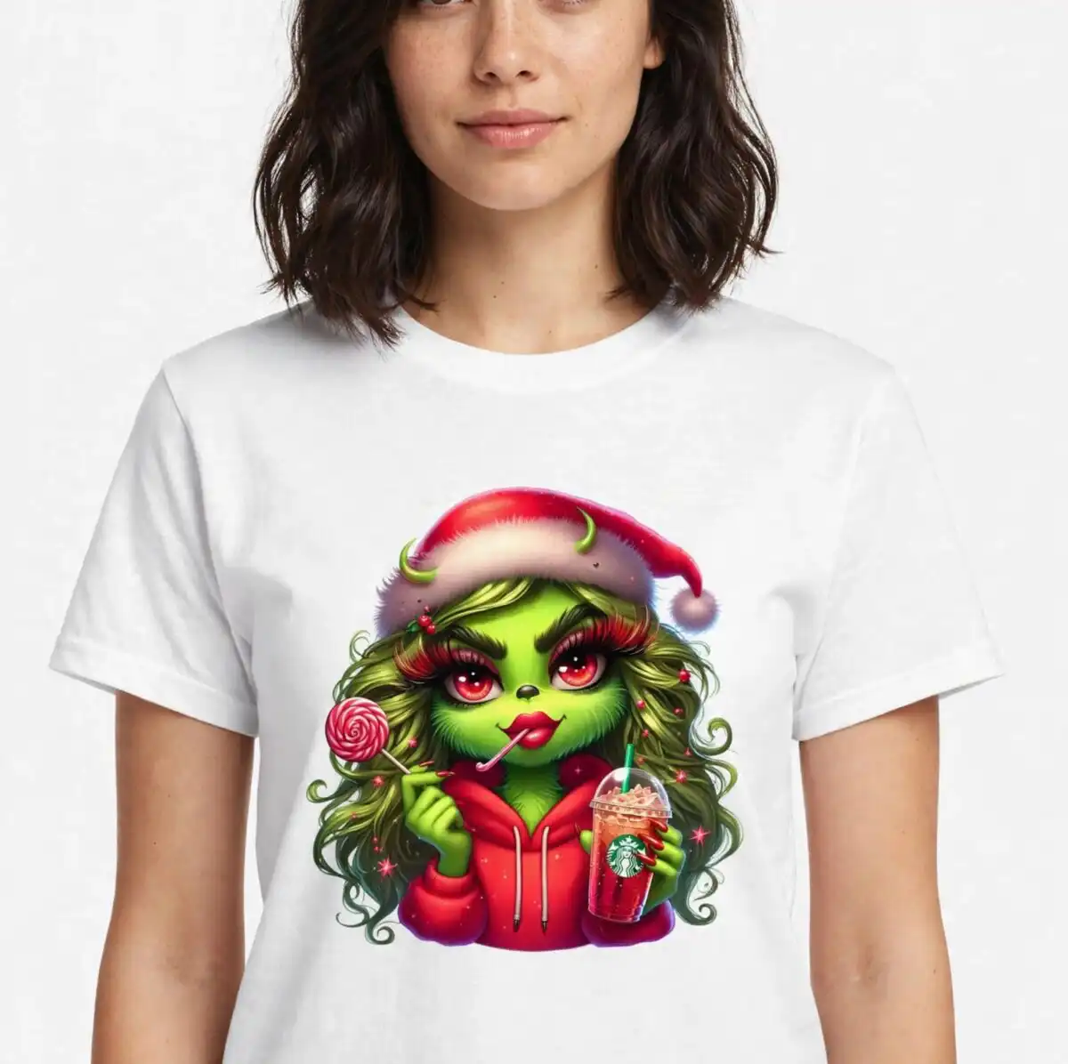 green-skinned female character with long hair wearing a Santa hat and red hoodie, holding a drink or lollipop design printed