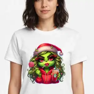 green-skinned female character with long hair wearing a Santa hat and red hoodie, holding a drink or lollipop design printed