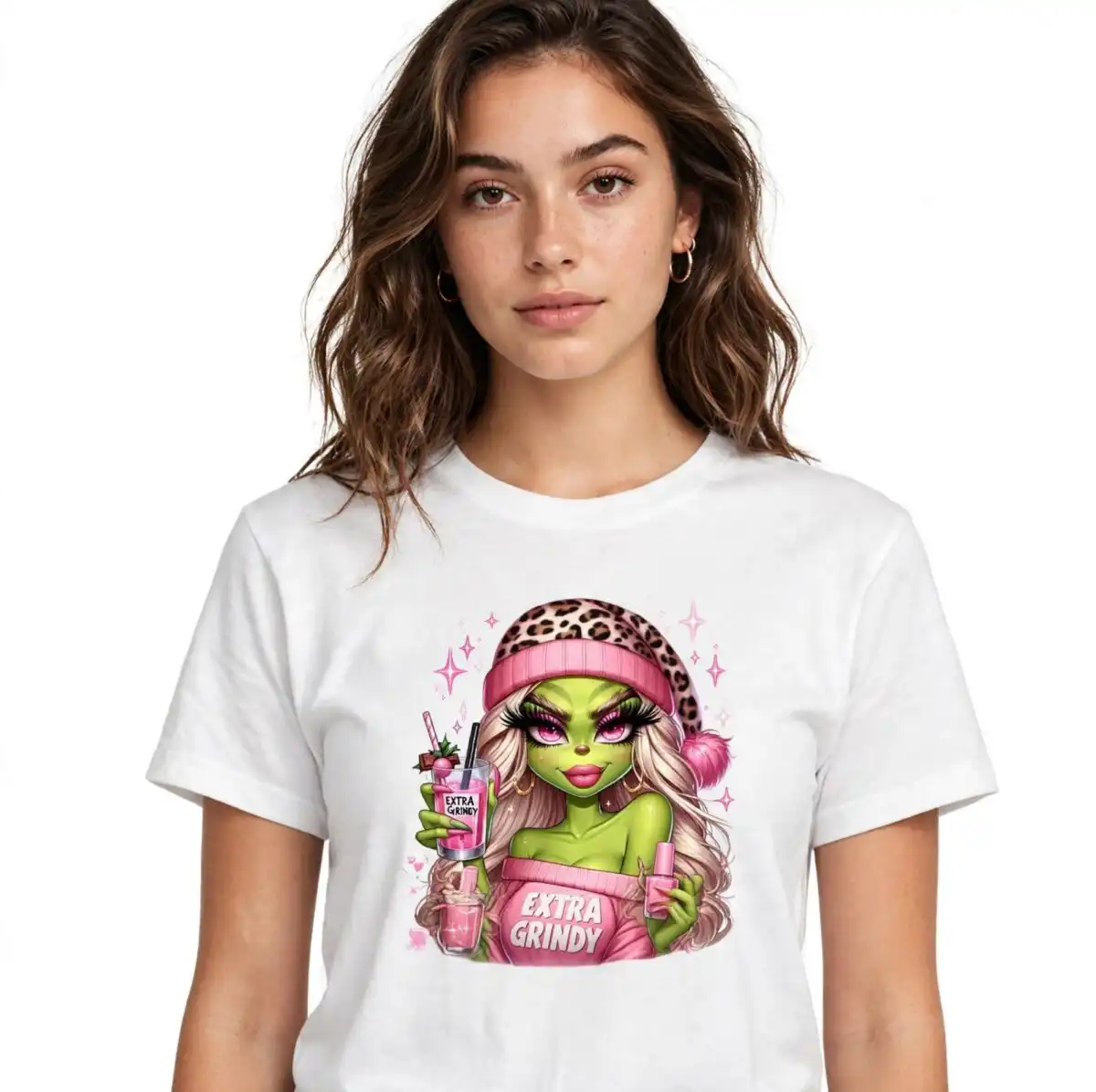 cute boujee grinch girl for christmas sublimation and print-and-cut green-skinned female character with blonde hair and pink leopard print winter hats, holding various drinks design printed on