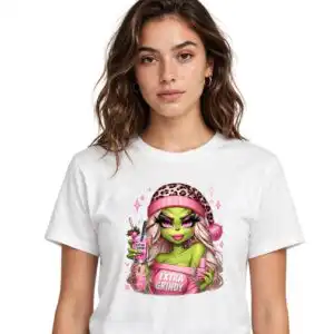 cute boujee grinch girl for christmas sublimation and print-and-cut green-skinned female character with blonde hair and pink leopard print winter hats, holding various drinks design printed on