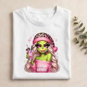 cute boujee grinch girl for christmas sublimation and print-and-cut green-skinned female character with blonde hair and pink leopard print winter hats, holding various drinks design printed on