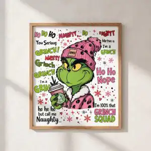 boujee grinch christmas 20oz tumbler sublimation designs A green character in various outfits and poses, often with text design printed on a plain product mockup