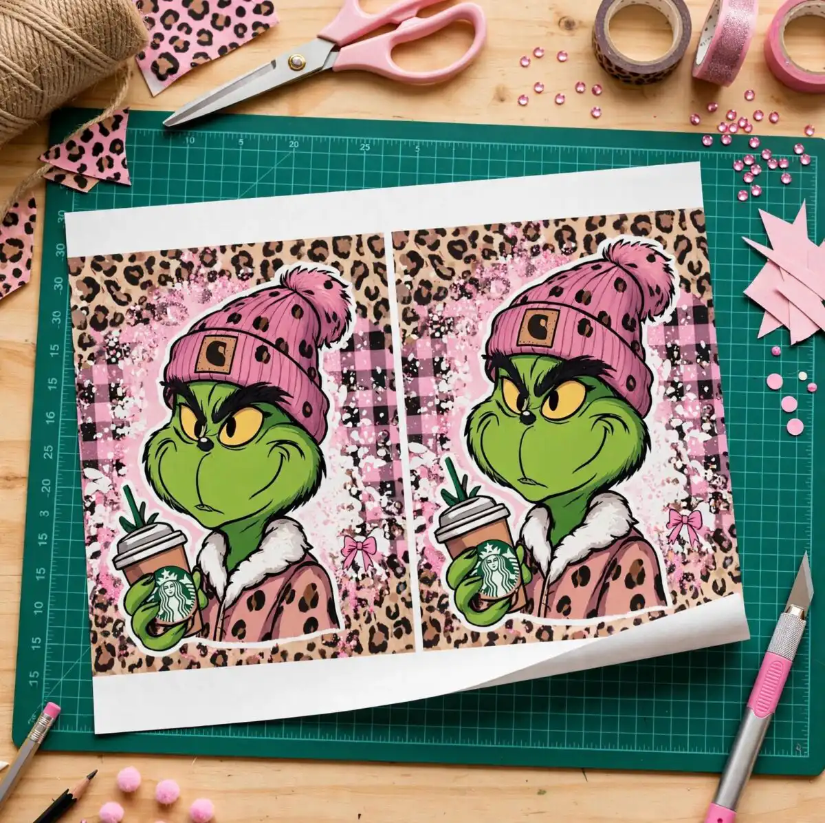 boujee grinch christmas 20oz tumbler sublimation designs A green character in various outfits and poses, often with text design printed on a plain product mockup