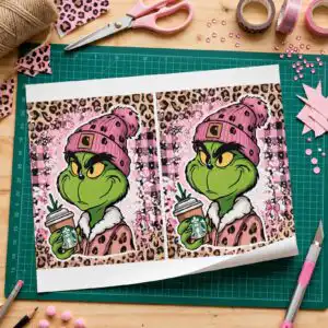 boujee grinch christmas 20oz tumbler sublimation designs A green character in various outfits and poses, often with text design printed on a plain product mockup