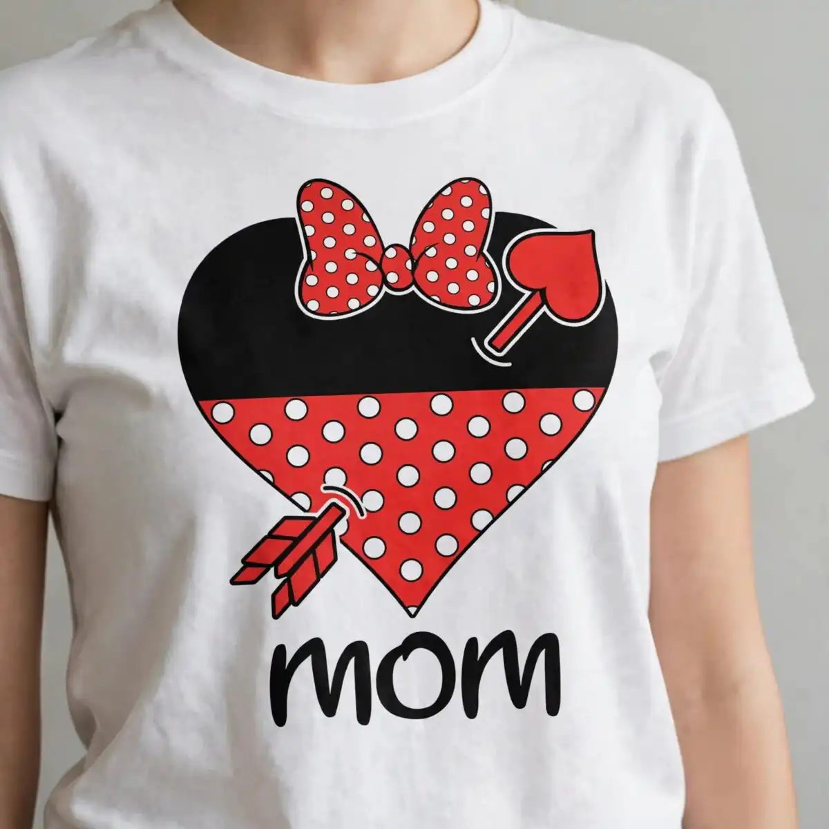 mom heart badge with polka-dot bow and arrows, mother's day mom png image for shirts mom png image design printed on a plain product mockup