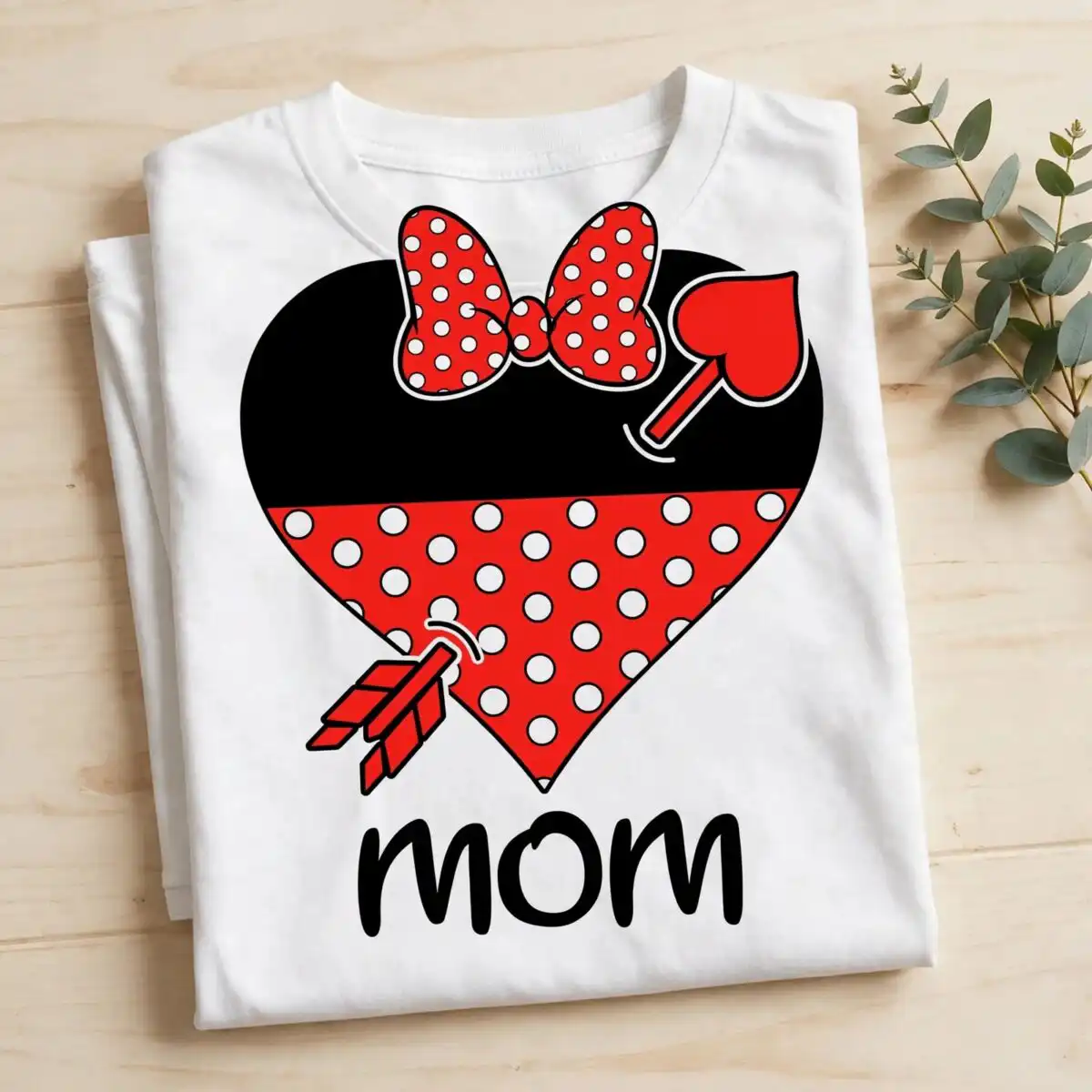 mom heart badge with polka-dot bow and arrows, mother's day mom png image for shirts mom png image design printed on a plain product mockup