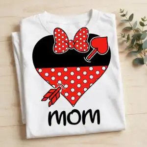 mom heart badge with polka-dot bow and arrows, mother's day mom png image for shirts mom png image design printed on a plain product mockup