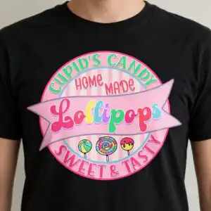 cupid's candy circular candy shop badge png for birthday party sublimation and shop signs circular candy shop badge png design printed on a plain product mockup
