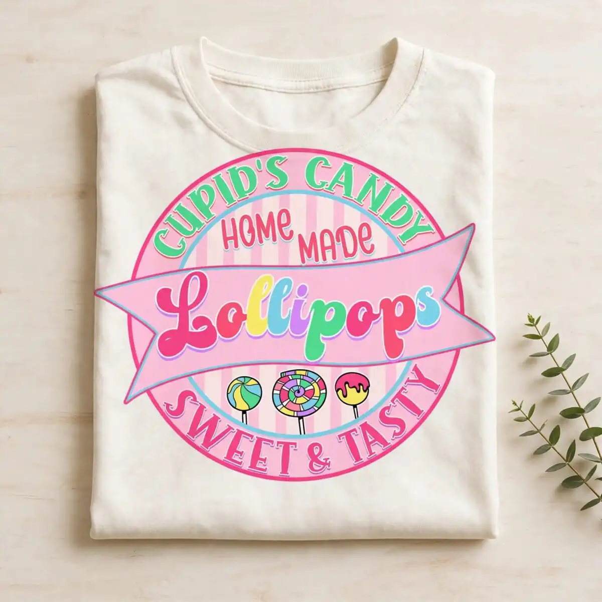 cupid's candy circular candy shop badge png for birthday party sublimation and shop signs circular candy shop badge png design printed on a plain product mockup