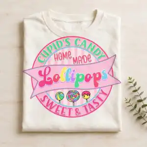 cupid's candy circular candy shop badge png for birthday party sublimation and shop signs circular candy shop badge png design printed on a plain product mockup