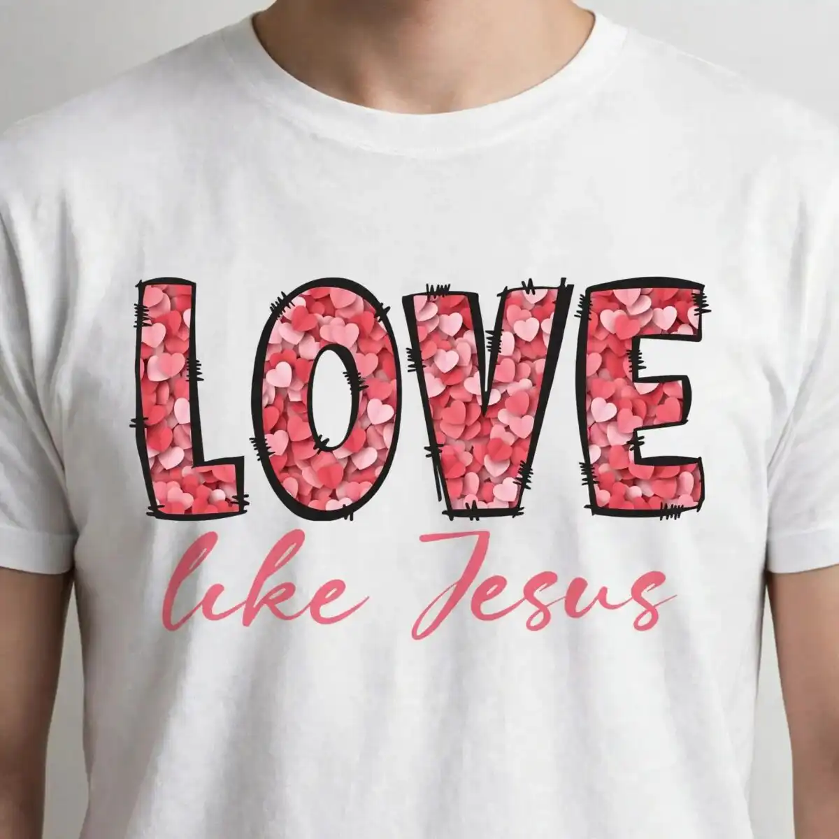 love valentine's day heart-filled lettering with like jesus script, sublimation ready love png vector design printed on a plain product mockup