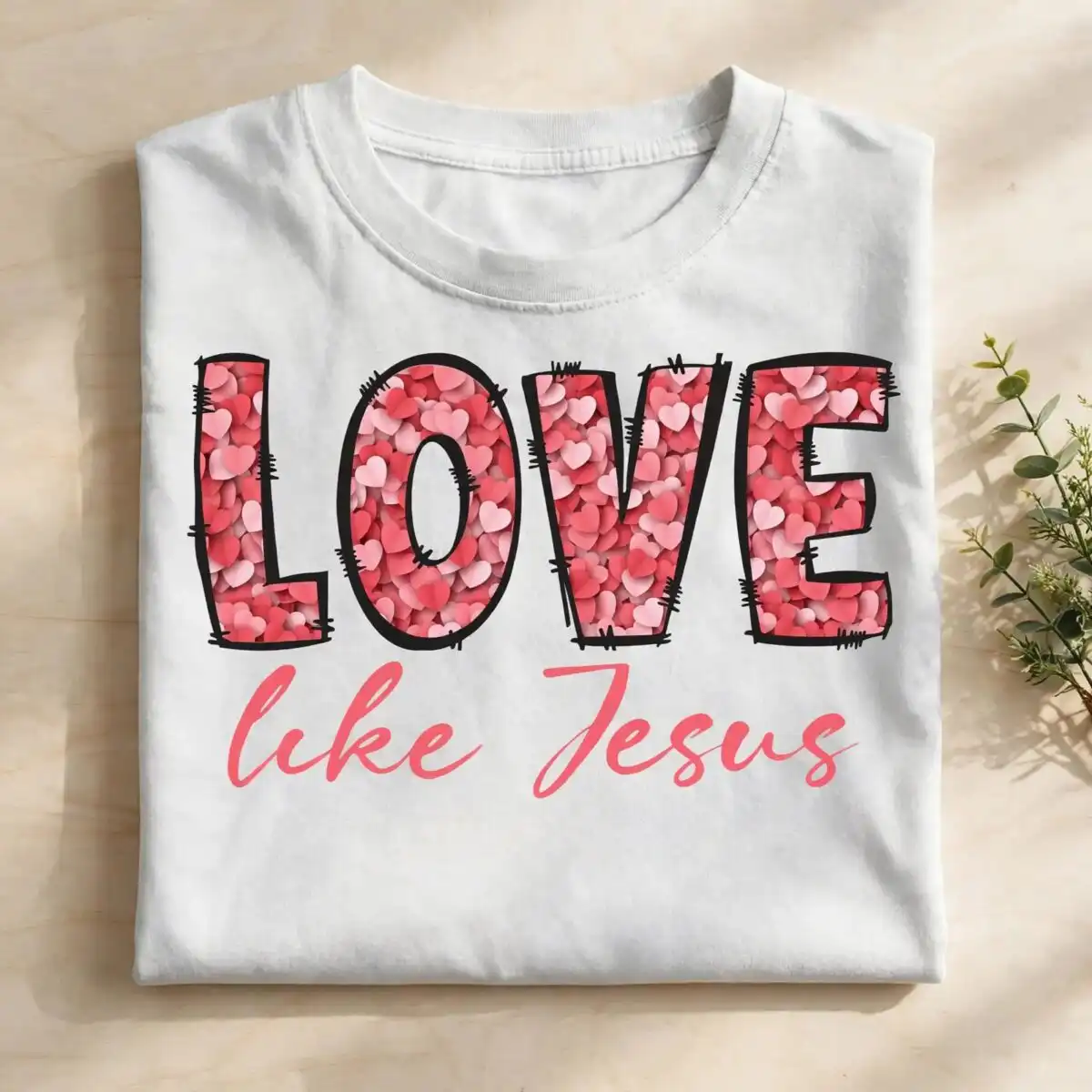 love valentine's day heart-filled lettering with like jesus script, sublimation ready love png vector design printed on a plain product mockup