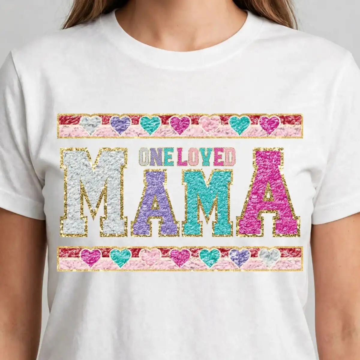 birthday one loved mama chenille png design for mom gifts, shirts and tumblers birthday one loved mama chenille png design printed on a plain product mockup